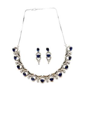 Silver plated blue sleek cut work cz ad necklace 3