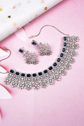Blue cz-ad  mango leaf designer necklace set for fashion-forward women