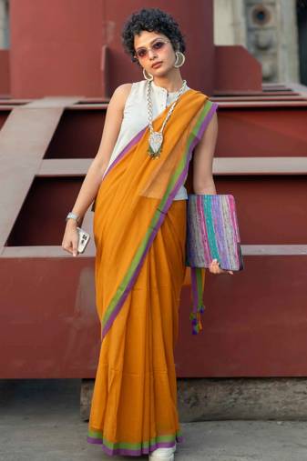 Suta mustard pure cotton solid saree