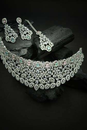 Silver plated multicolor exquisite american diamond necklace set
