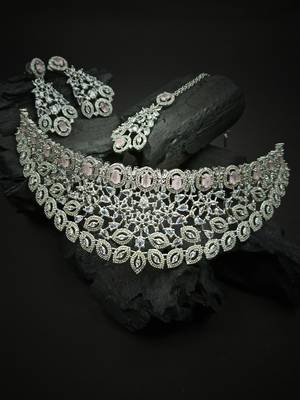 Silver plated pink exquisite american diamond necklace set 2