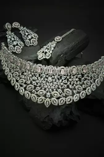 Silver plated pink exquisite american diamond necklace set