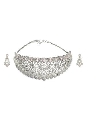 Silver plated pink exquisite american diamond necklace set 3