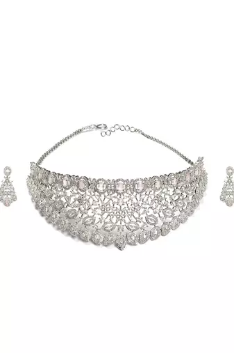 Silver plated pink exquisite american diamond necklace set
