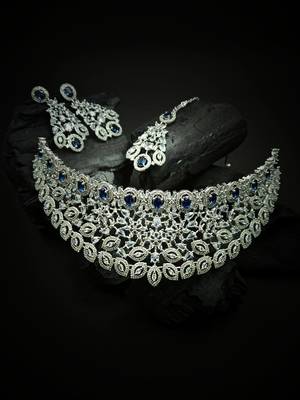 Silver plated blue exquisite american diamond necklace set 2