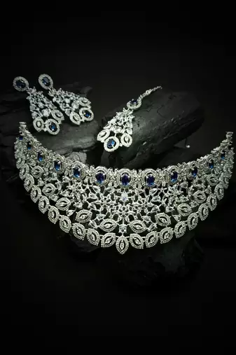 Silver plated blue exquisite american diamond necklace set