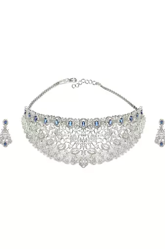 Silver plated blue exquisite american diamond necklace set