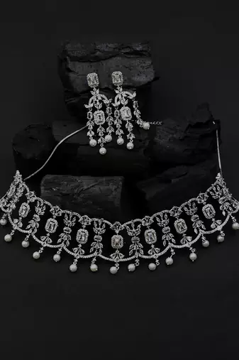 Silver plater american diamond cz party necklace set