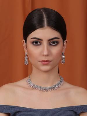 Silver plated sleek american diamond cz neckalce set 1