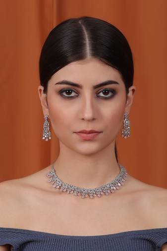 Silver plated sleek american diamond cz neckalce set