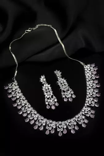 Silver plated sleek american diamond cz neckalce set