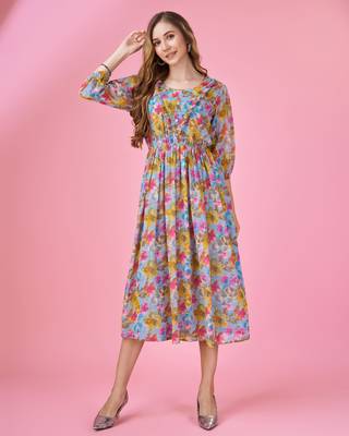  blue georgette floral printed fit and flare dress with ruffles 2