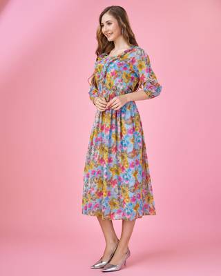  blue georgette floral printed fit and flare dress with ruffles 3