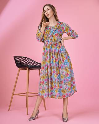 blue georgette floral printed fit and flare dress with ruffles 1