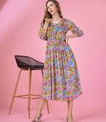  blue georgette floral printed fit and flare dress with ruffles