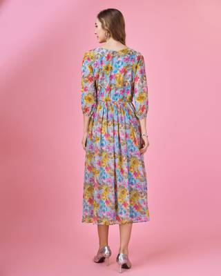  blue georgette floral printed fit and flare dress with ruffles 4
