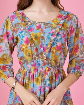  blue georgette floral printed fit and flare dress with ruffles 5