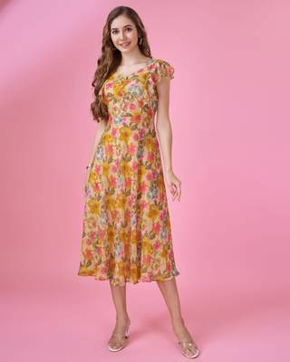  mustard georgette floral printed flared dress with ruffles 2