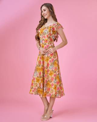  mustard georgette floral printed flared dress with ruffles 3