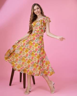 mustard georgette floral printed flared dress with ruffles 1