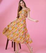  mustard georgette floral printed flared dress with ruffles