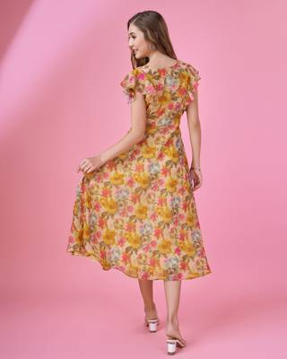  mustard georgette floral printed flared dress with ruffles 4