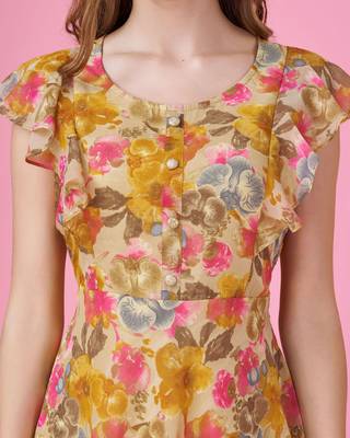  mustard georgette floral printed flared dress with ruffles 5