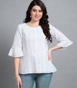  white pure cotton blend bored schiffli embroidered a-line top