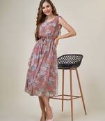  brown georgette abstract printed gathered dress with belt