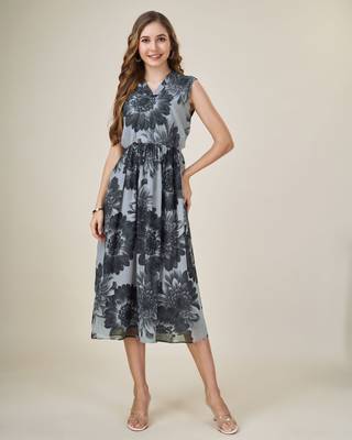  black georgette floral printed gathered dress 2