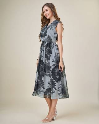  black georgette floral printed gathered dress 3