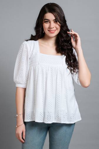  white pure cotton blend bored schiffli embroidered gathered or pleated top