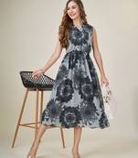  black georgette floral printed gathered dress