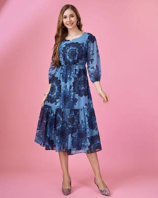 blue georgette floral printed tiered dress 2