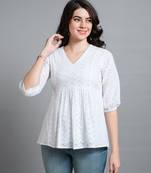  white pure cotton blend bored schiffli embroidered a-line top