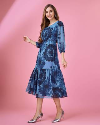  blue georgette floral printed tiered dress 3