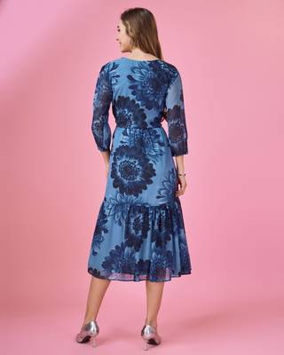 blue georgette floral printed tiered dress 4