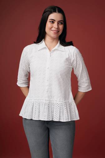  white pure cotton blend bored schiffli embroidered shirt style top