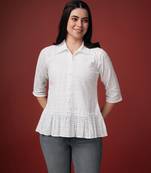  white pure cotton blend bored schiffli embroidered shirt style top