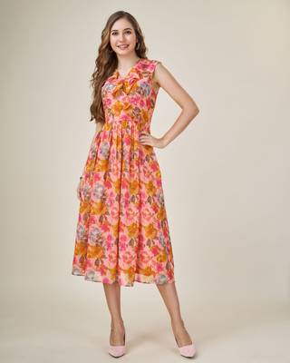  peach georgette floral printed wrap dress with ruffles 2