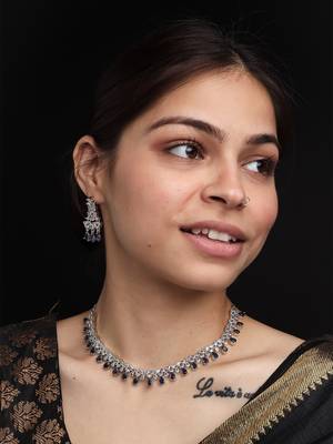 Sleek delicate silver plated blue american diamond and cubic zirconia necklace set 1
