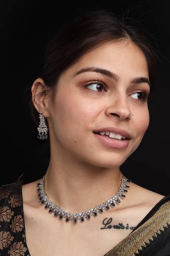Sleek delicate silver plated blue american diamond and cubic zirconia necklace set