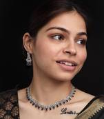 Sleek delicate silver plated blue american diamond and cubic zirconia necklace set