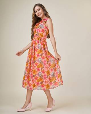  peach georgette floral printed wrap dress with ruffles 3