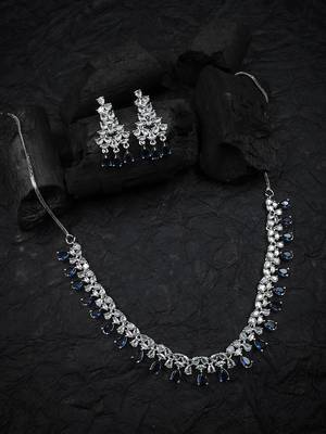 Sleek delicate silver plated blue american diamond and cubic zirconia necklace set 2