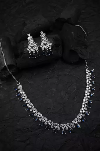 Sleek delicate silver plated blue american diamond and cubic zirconia necklace set