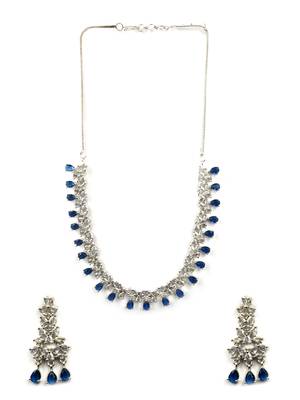 Sleek delicate silver plated blue american diamond and cubic zirconia necklace set 3
