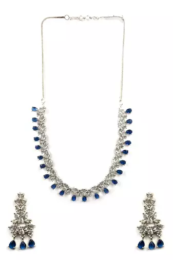 Sleek delicate silver plated blue american diamond and cubic zirconia necklace set