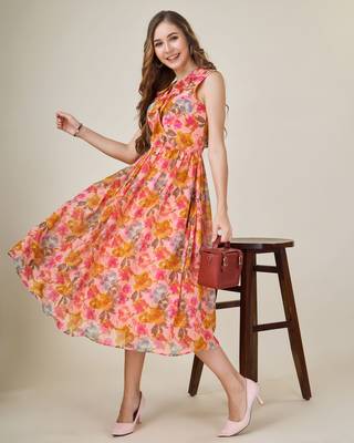  peach georgette floral printed wrap dress with ruffles 1
