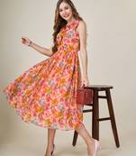  peach georgette floral printed wrap dress with ruffles